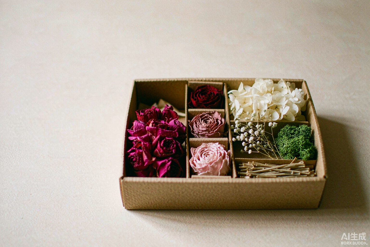 Mixed sample box of preserved flower materials