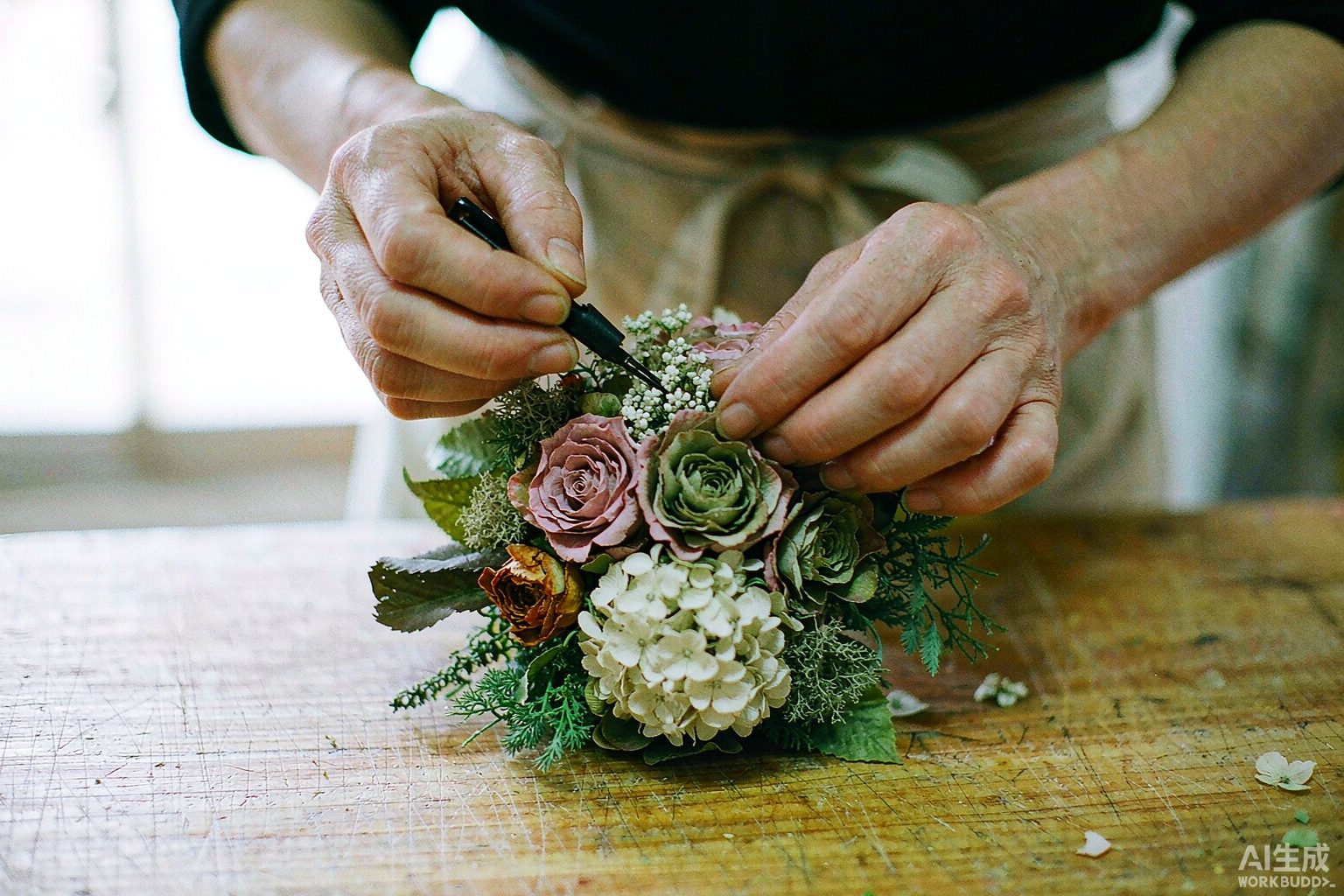 Florist working with preserved flower materials