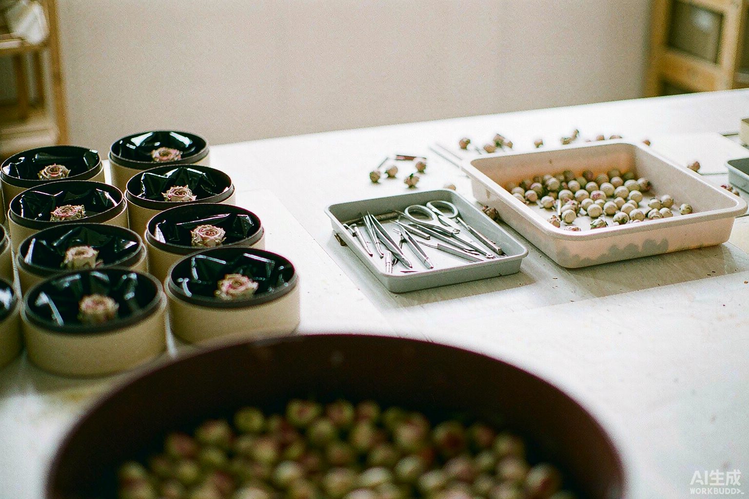 Preserved flower gift boxes being assembled