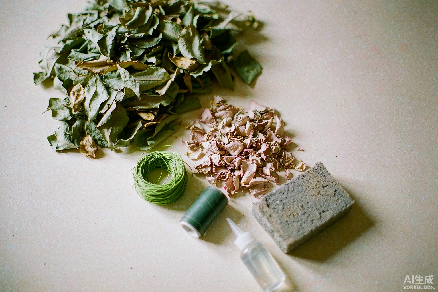 Preserved leaves, sepals, wires and floral foam